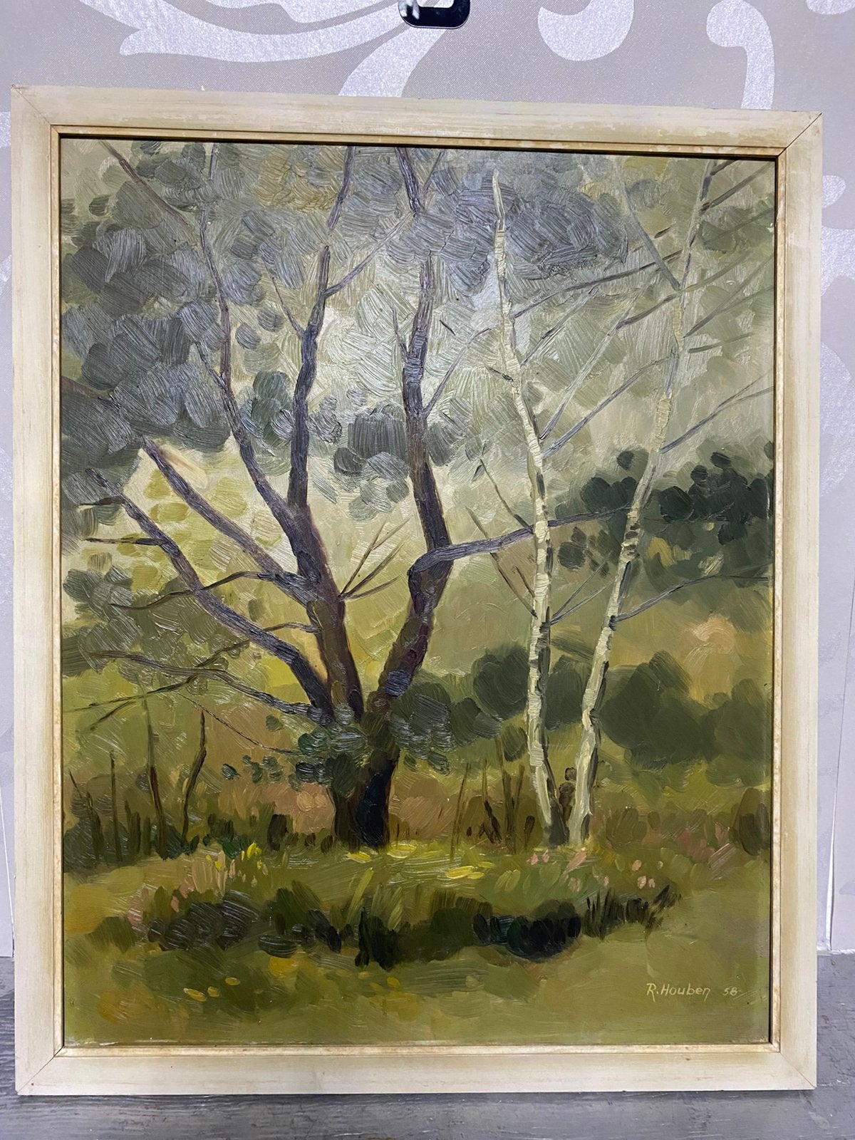 Tableau Huile sur Panneau -  Sous-Bois - R. Houben 1958, Enlèvement ou Envoi, Peinture à l'huile, Panneau, Paysage