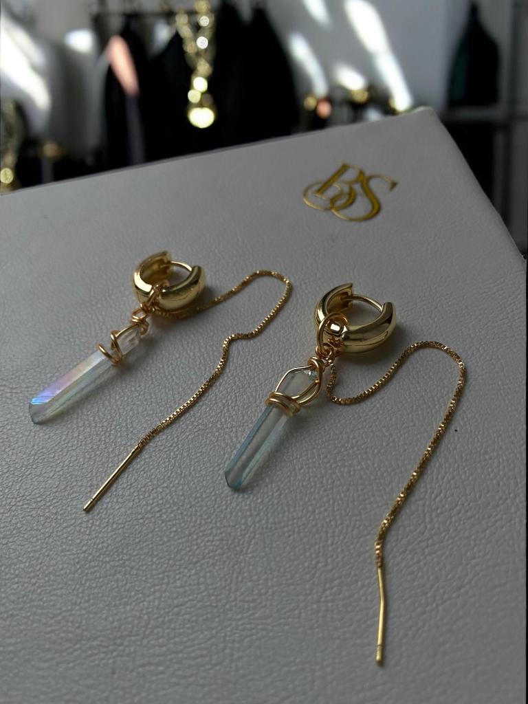 Oorbellen natuurlijke kristal verguld 14K goud, Handtassen en Accessoires, Met kristal, Overige materialen, Hangers, Blauw