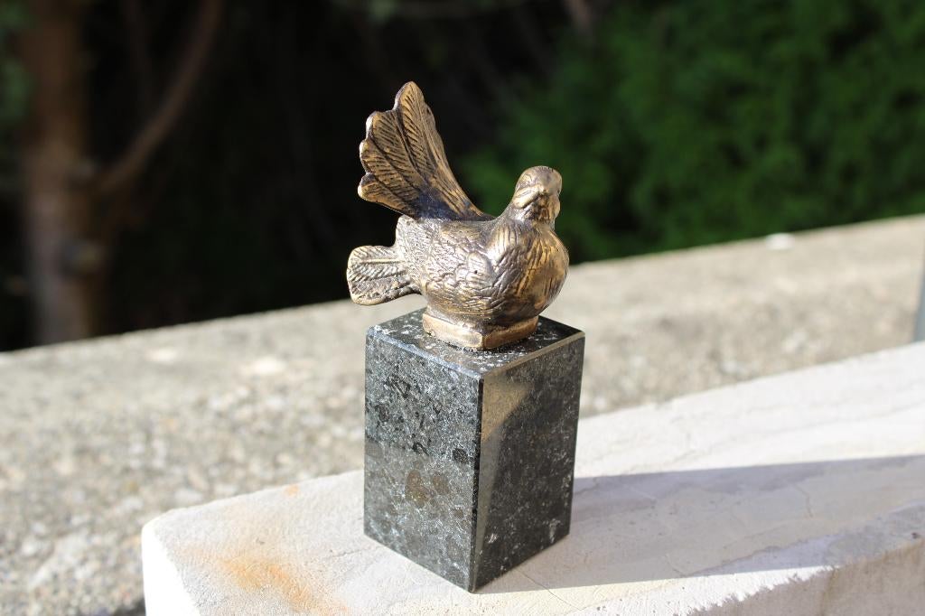 bronzen duifvogel op een sokkel., Antiek en Kunst, Ophalen of Verzenden, Brons