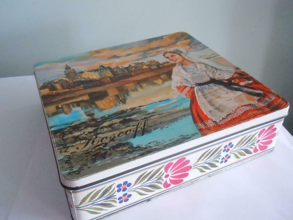 Boîte à biscuits vintage dessin Roscoff par Josette Robion, Enlèvement ou Envoi, Utilisé, Biscuits, Autres marques