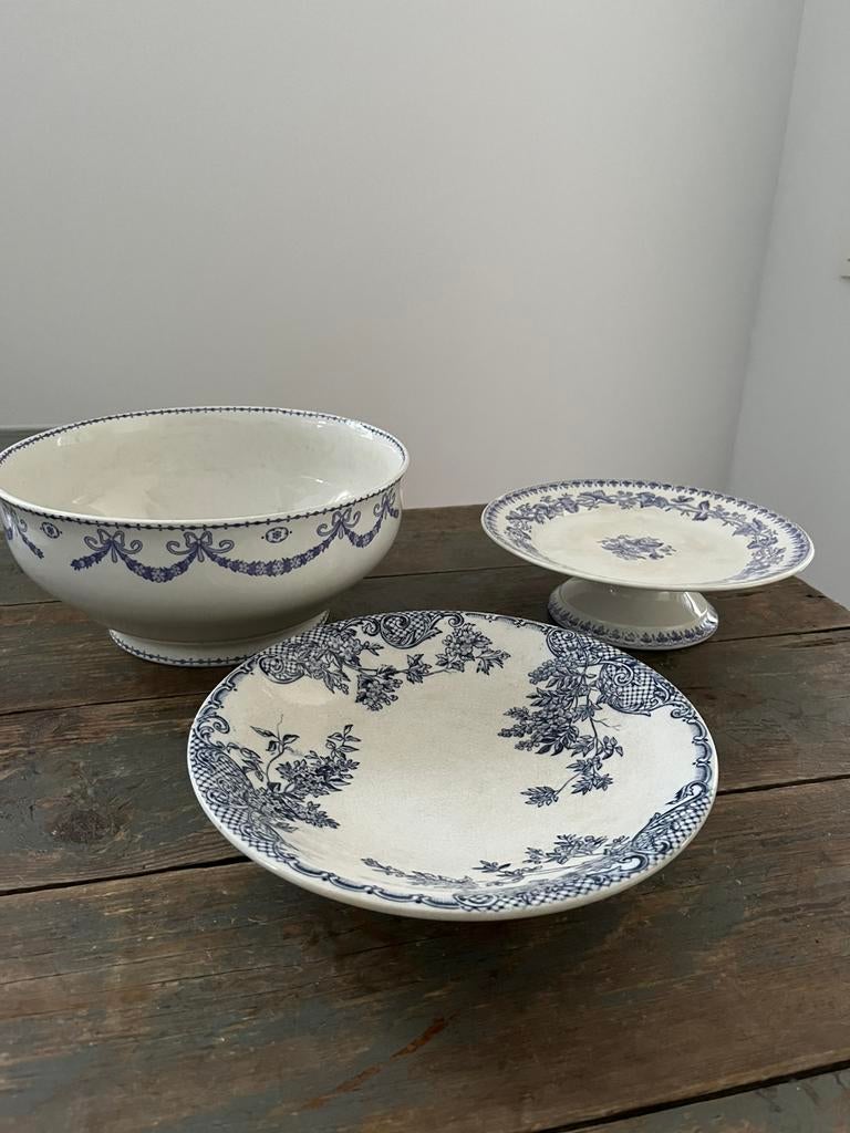 ANTIEK SERVIES BLAUW KOM TAARTSCHOTEL ZGSTAAT, Ophalen of Verzenden