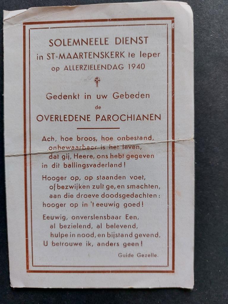 bidprentje Ieper 1939/1940 (Solemnele Dienst), Verzamelen, Verzenden, Bidprentje