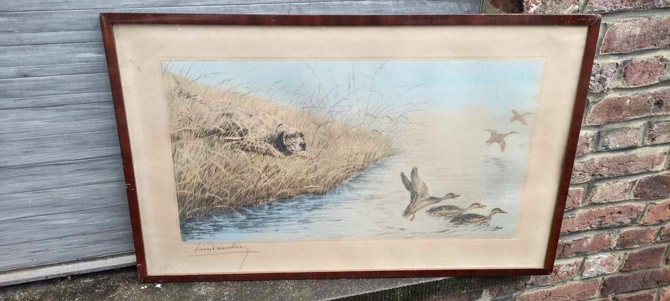 Gravure chien et canard signe Léon danchin, Ophalen of Verzenden