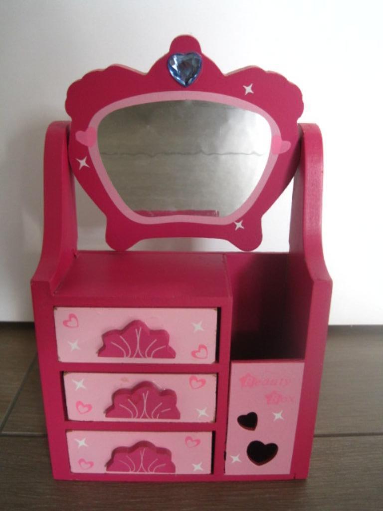 Houten juwelenkastje roze met spiegeltje, Ophalen of Verzenden, Gebruikt