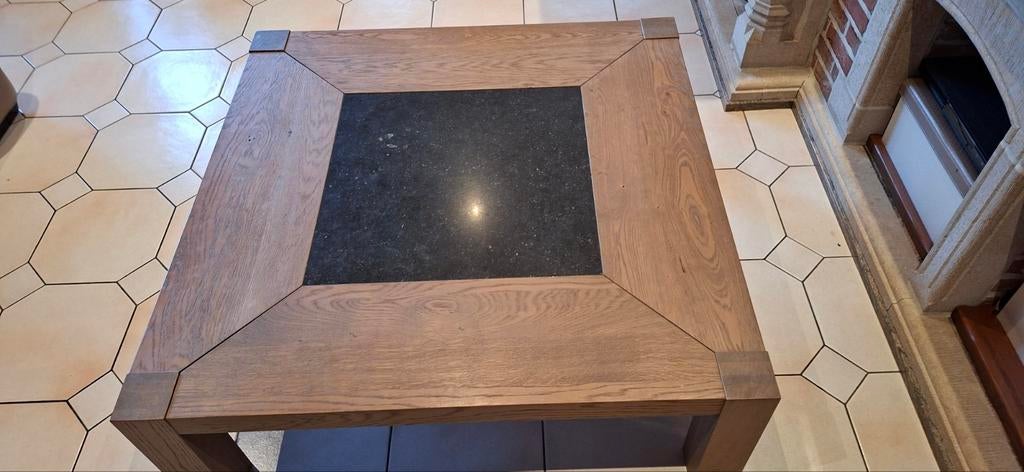 Eiken vierkante salontafel met granieten blad., Huis en Inrichting, Tafels | Salontafels, Ophalen, Gebruikt