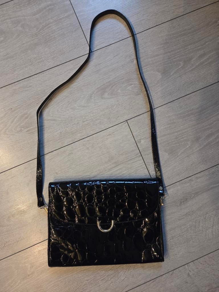 Vintage laqué handtas, Ophalen of Verzenden, Zwart, Schoudertasje