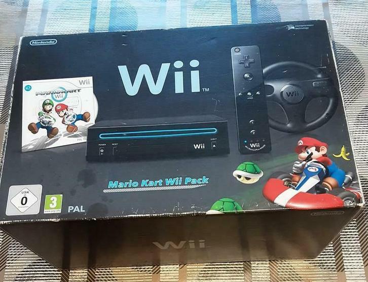 Nintendo WII box CONSOLE ZWART MARIO KART BOX, Ophalen of Verzenden, Zo goed als nieuw, Met 1 controller, Met stuurtje