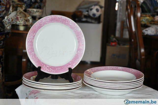 12 assiettes nimy bord rose, Antiquités & Art