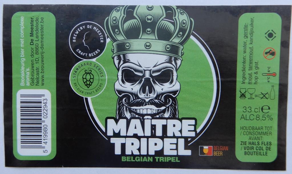 Étiquette de bière Maître Tripel Brasserie De Meester (10r7), Collections, Marques de bière, Utilisé, Envoi