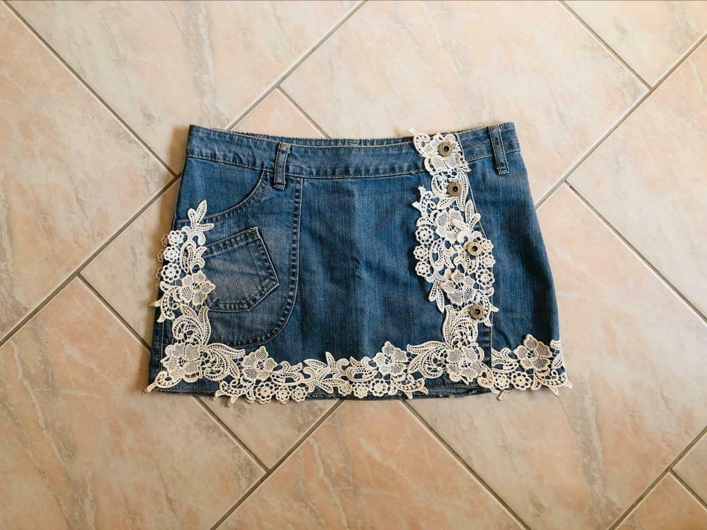Mini jupe en jean à dentelle, Neuf, Taille 38/40 (M), Jolina, Au-dessus du genou