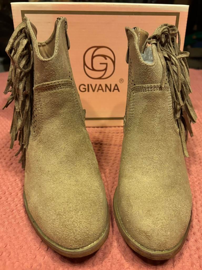 Nieuwe daimachtige laarsjes met franjes,Givana 37/38., Kleding | Dames, Schoenen, Ophalen of Verzenden, Nieuw, Bruin, Lage of Enkellaarzen