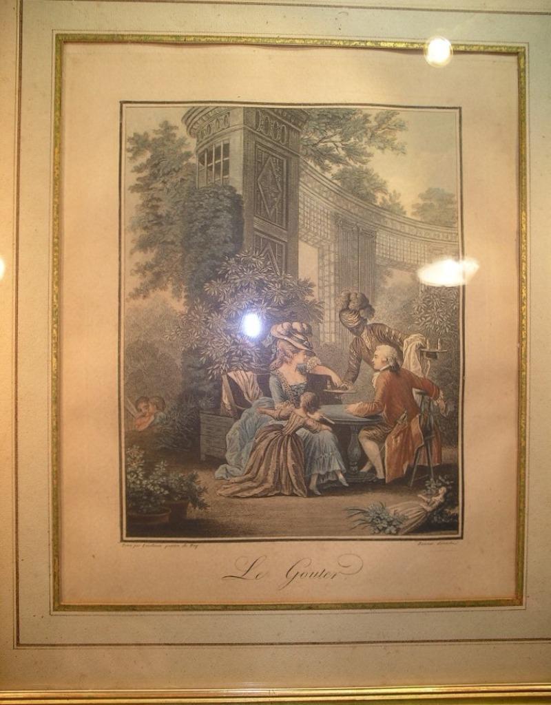 OUDE POLYCHROME GRAVURE „DE SNACK” GESIGNEERD BAUDOUIN, Antiek en Kunst, Ophalen of Verzenden