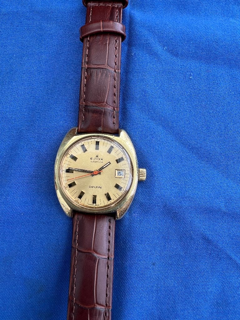 Edox Automatic Delfin Vintage Herenhorloge, Handtassen en Accessoires, Horloges | Heren, Overige materialen, Leer, Polshorloge