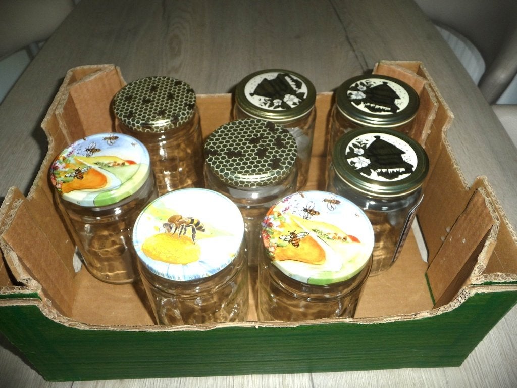 Pots à miel (8+1), Maison & Meubles, Comme neuf, Verre, Avec couvercle, Casserole, Bidon ou Boîte