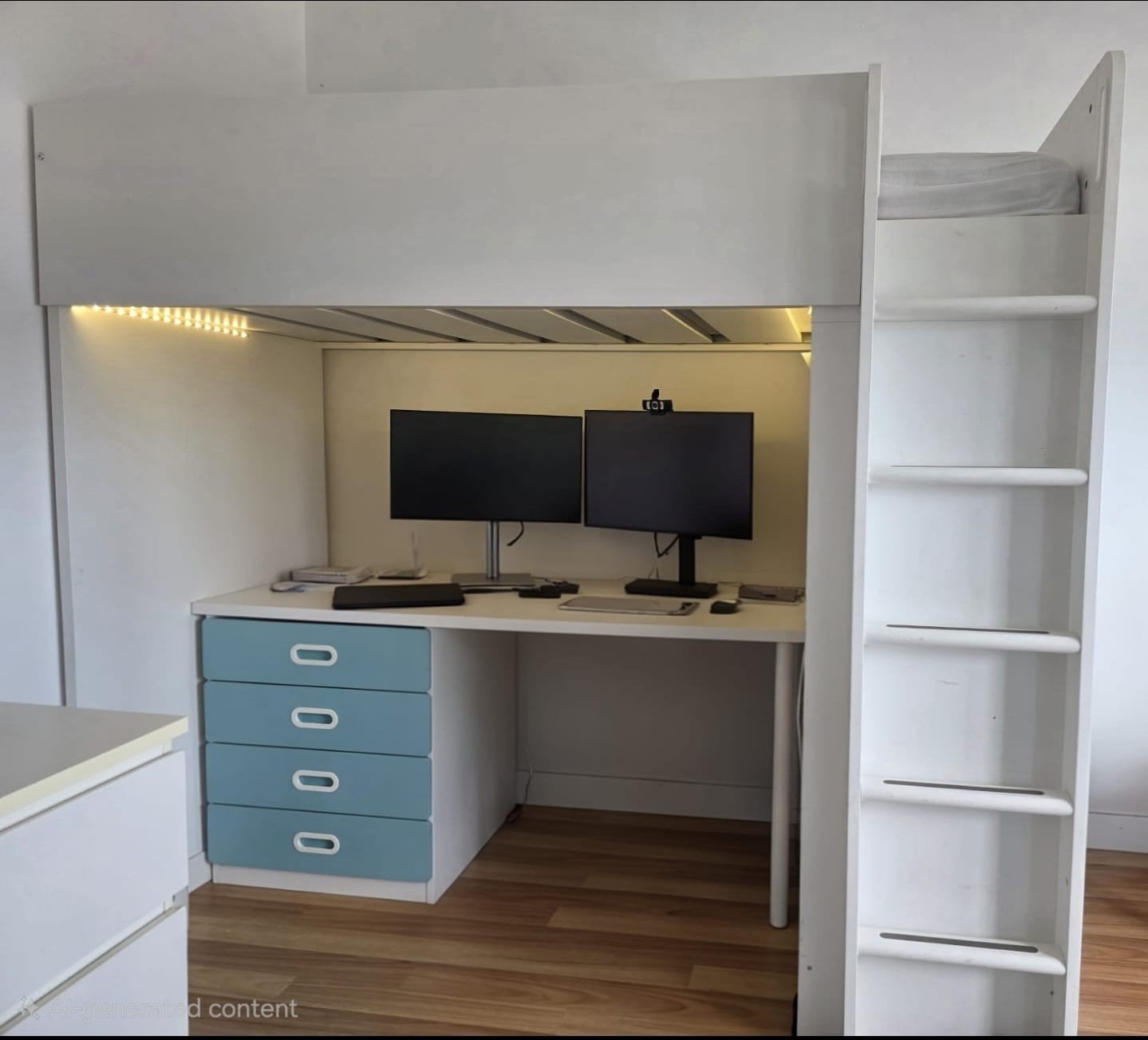 IKEA SMÅSTAD Hoogslaper met bureau en 4 lades – Wit/Blauw, Ophalen, Gebruikt, Hoogslaper, Eenpersoons