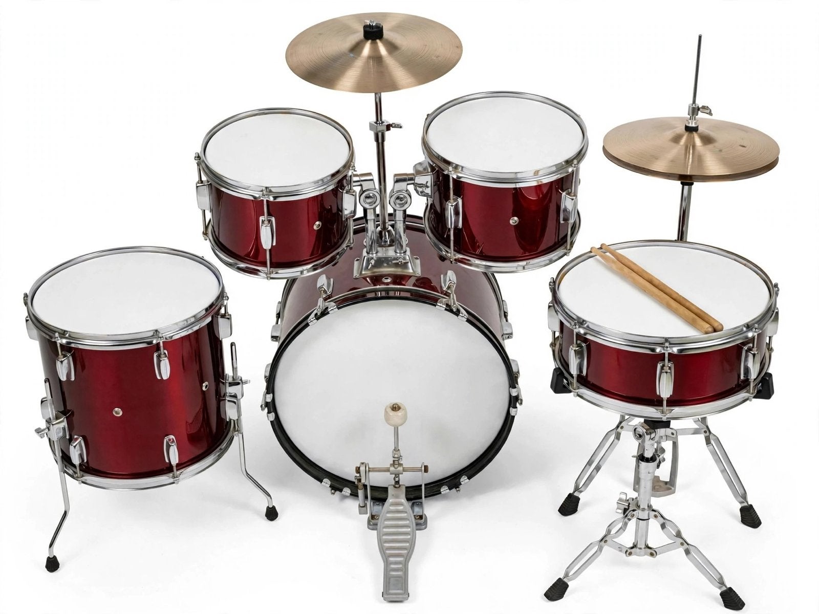 Kit de batterie Bordeaux 5 p- avec cymbales et baguettes, Enlèvement, Utilisé