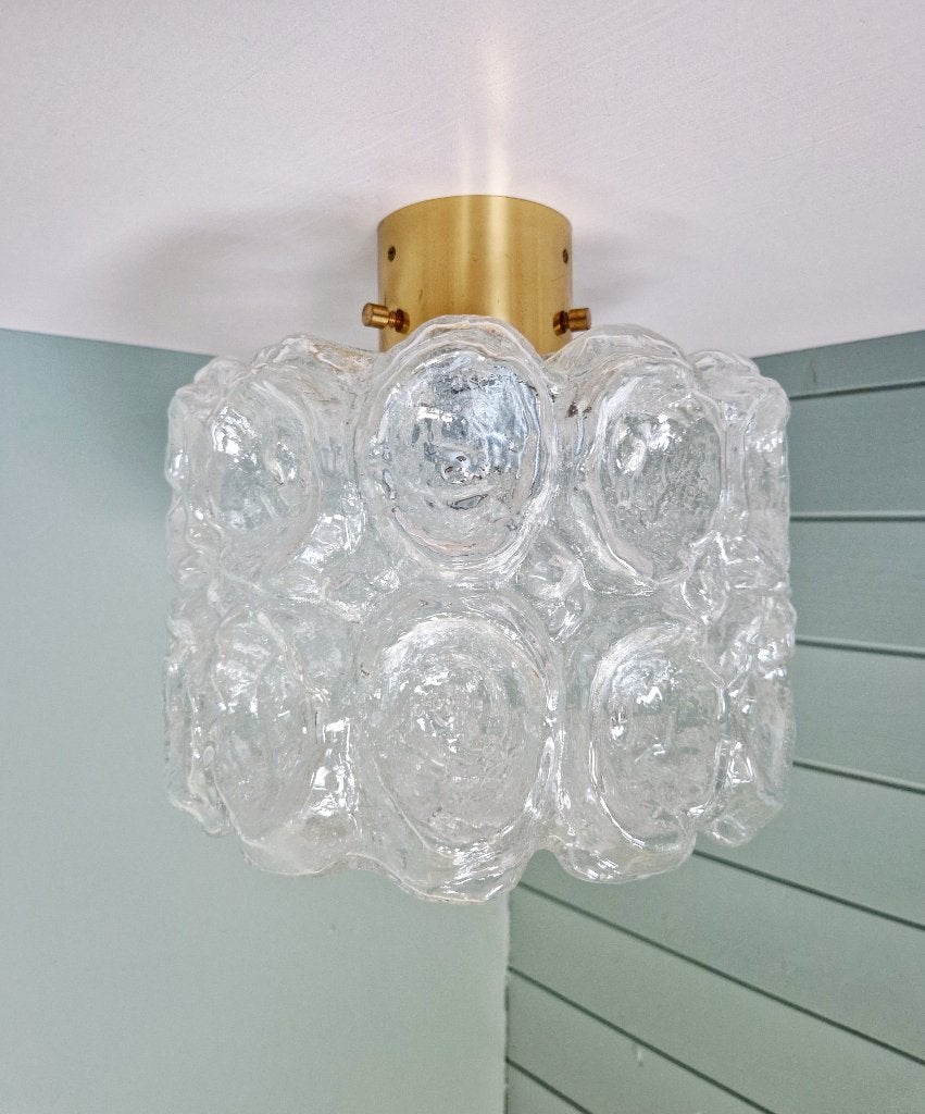 Limburgse plafondlamp in messing en getextureerd glas, 1970, Ophalen of Verzenden