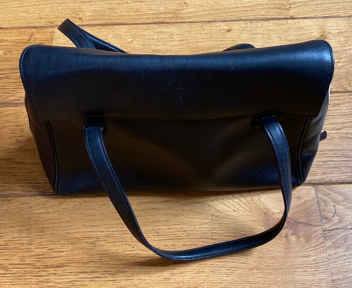 Zwarte  lederen Just Campagne  handtas 30 cm x 23 cm, Handtassen en Accessoires, Tassen | Damestassen, Verzenden, Gebruikt, Zwart