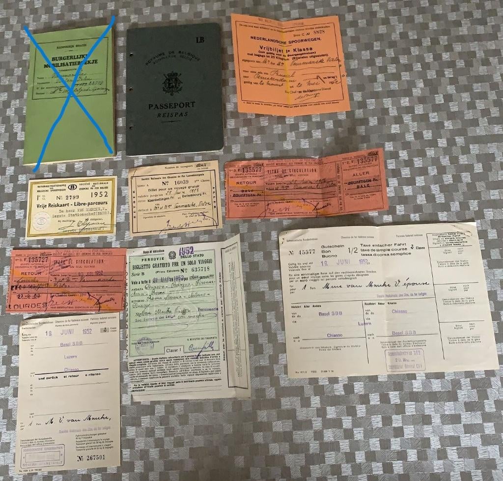 papieren stationchef geboren 1891 : reispas 1947, passeport., Verzamelen, Ophalen of Verzenden, Trein, Kaart of Prent