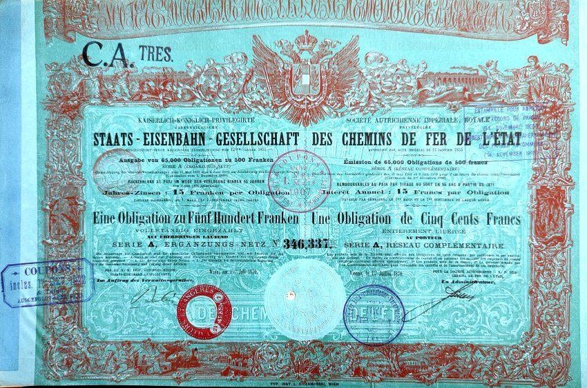 Österreichische Staats-Eisenbahn-Gesellschaft 1870, Ophalen of Verzenden, Voor 1920, Obligatie of Lening