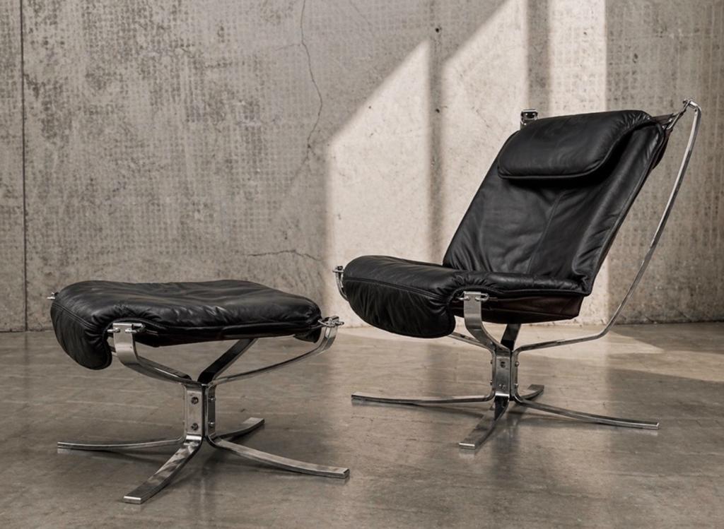 Fauteuil et pouf Falçon, Sigurd Resell, chrome, années 1970, Enlèvement, Tissus, Vintage Falcon Sigurd Ressel Chrome Scandinavian Design