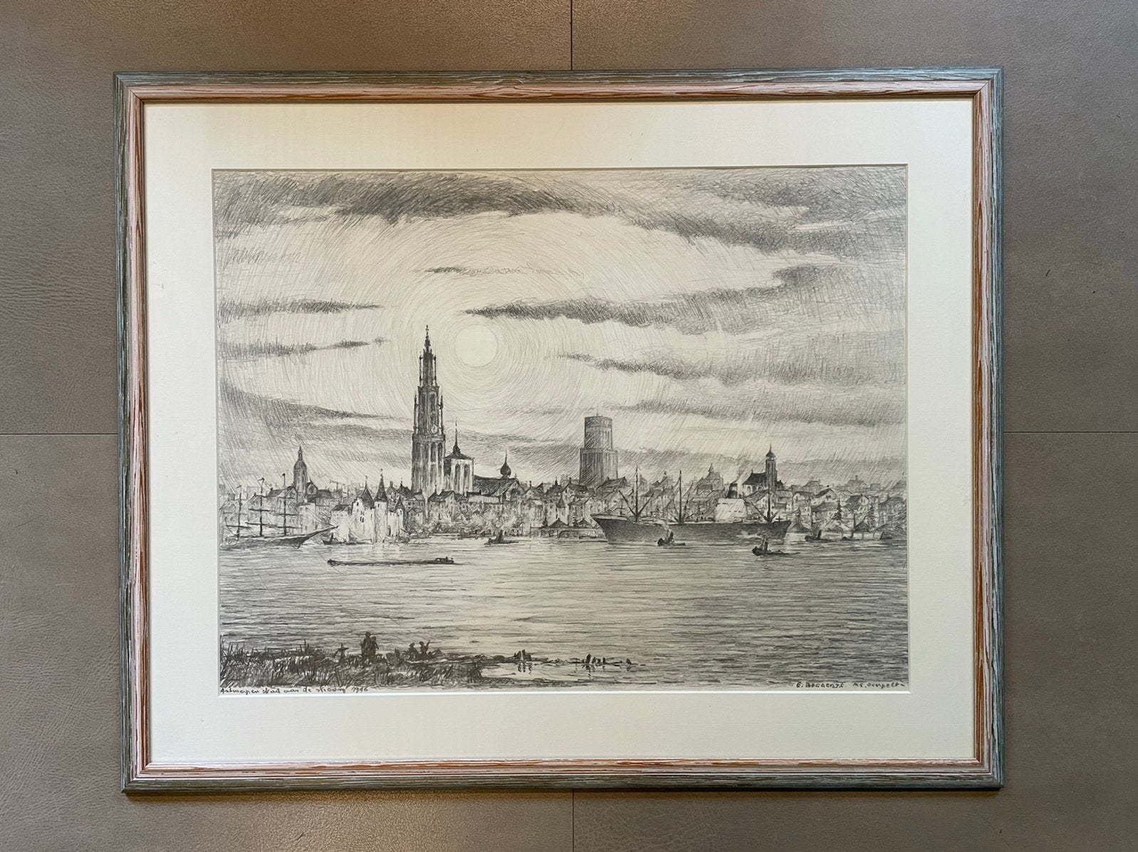 Antwerpen OLV Kathedraal Scheldezicht 75,5x61cm in potlood, Ophalen