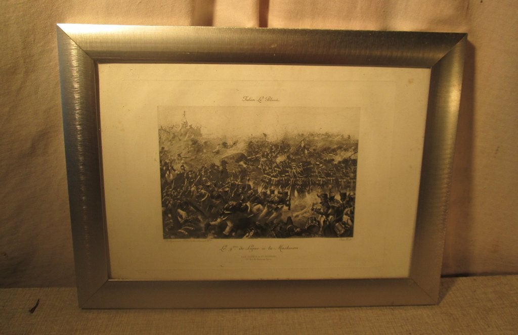 Belle gravure ancienne 'Ligne a la Moskowa' - 35x27, Enlèvement ou Envoi, Militaire, Gravure, Encadré