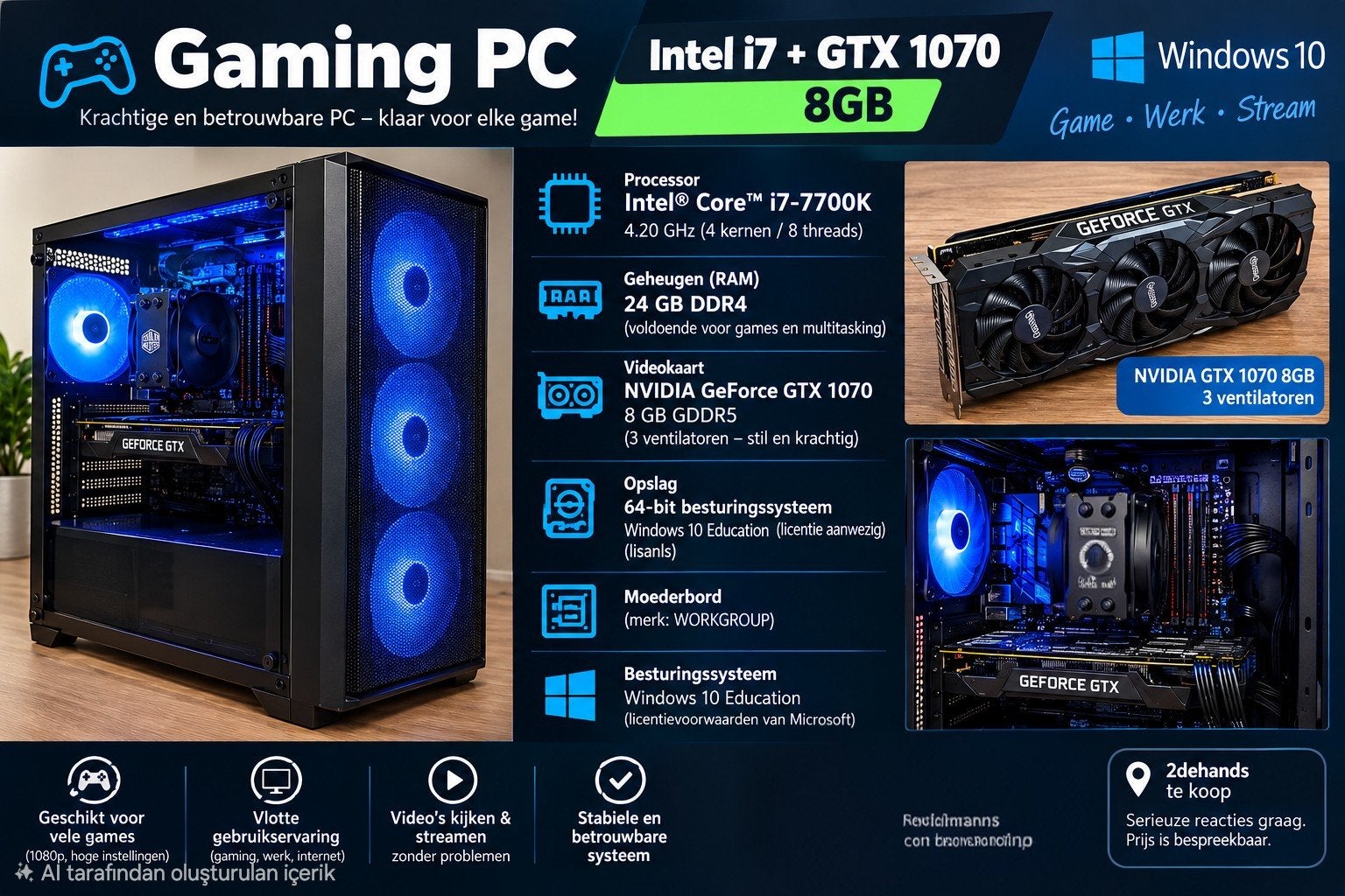 NVIDIA GTX 1070 8GB OC + Intel i7-7700K Gaming PC +24 Gb Ram, Informatique & Logiciels, 32 GB, Avec carte vidéo, Comme neuf, 4 Ghz ou plus
