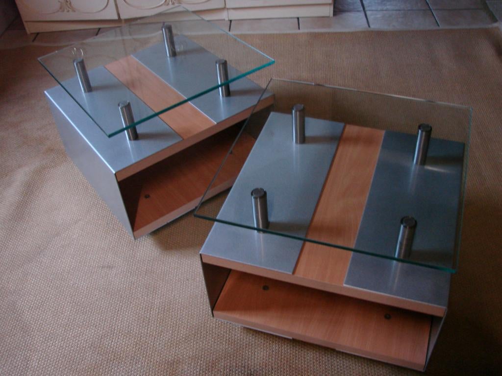 2 design bijzettafeltje op wieltjes, Minder dan 55 cm, Vierkant, Design glas chroom hout, Ophalen