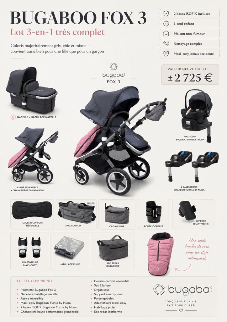 Bugaboo Fox 3en1 + Maxi-Cosy + 2 bases ISOFIX + accessoires, Enfants & Bébés, Enlèvement ou Envoi, Comme neuf, Poussette, Bugaboo