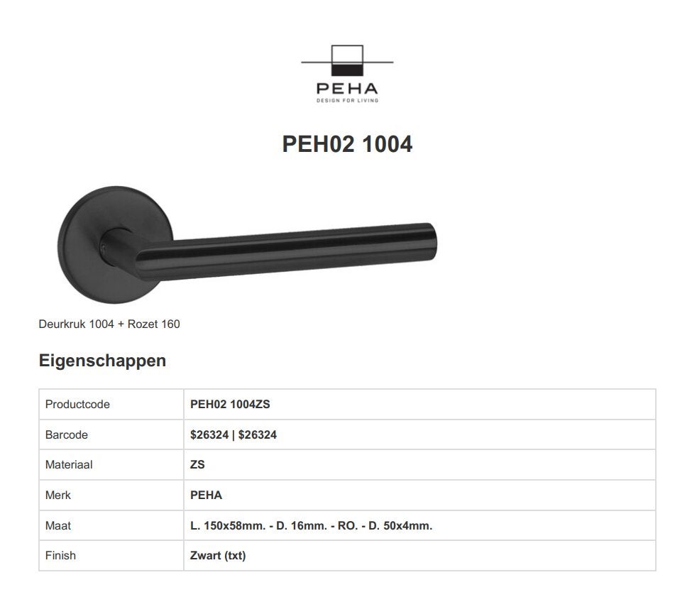 Peha Deurkruk 1004 + Rozet 160 zwart - Eeklo, Enlèvement ou Envoi, Comme neuf