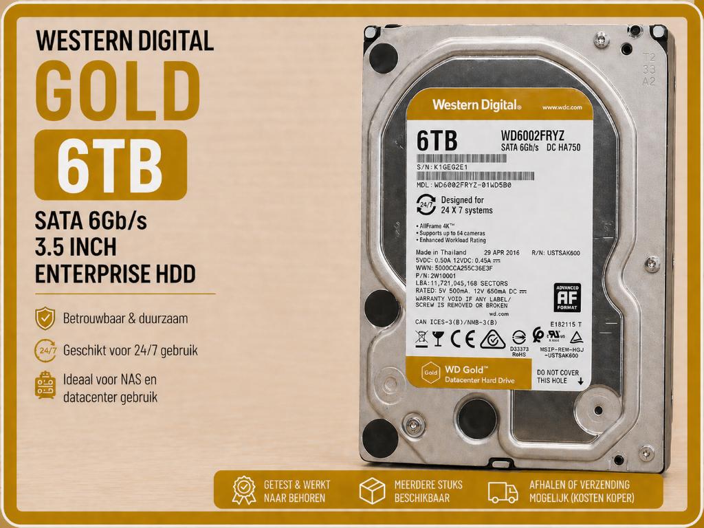 WD Gold 6TB (WD6002FRYZ) - HDD 3.5”  - SATA - 7200RPM, Computers en Software, Harde schijven, Intern, Gebruikt, Verzenden, Server