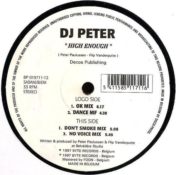 DJ Peter - High Enough, Enlèvement ou Envoi, Comme neuf, 12 pouces, House