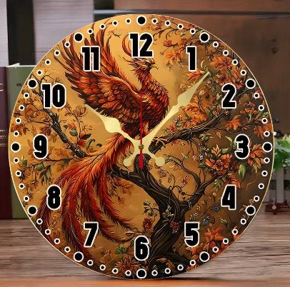 Ronde wandklok van hout Phoenix op een boom (25cm)
