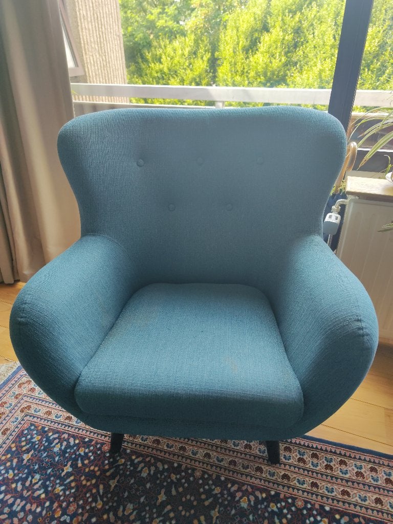 Design fauteuil voor de woonkamer, Huis en Inrichting, Fauteuils, Zo goed als nieuw, Hout, Stof, 75 tot 100 cm, 75 tot 100 cm