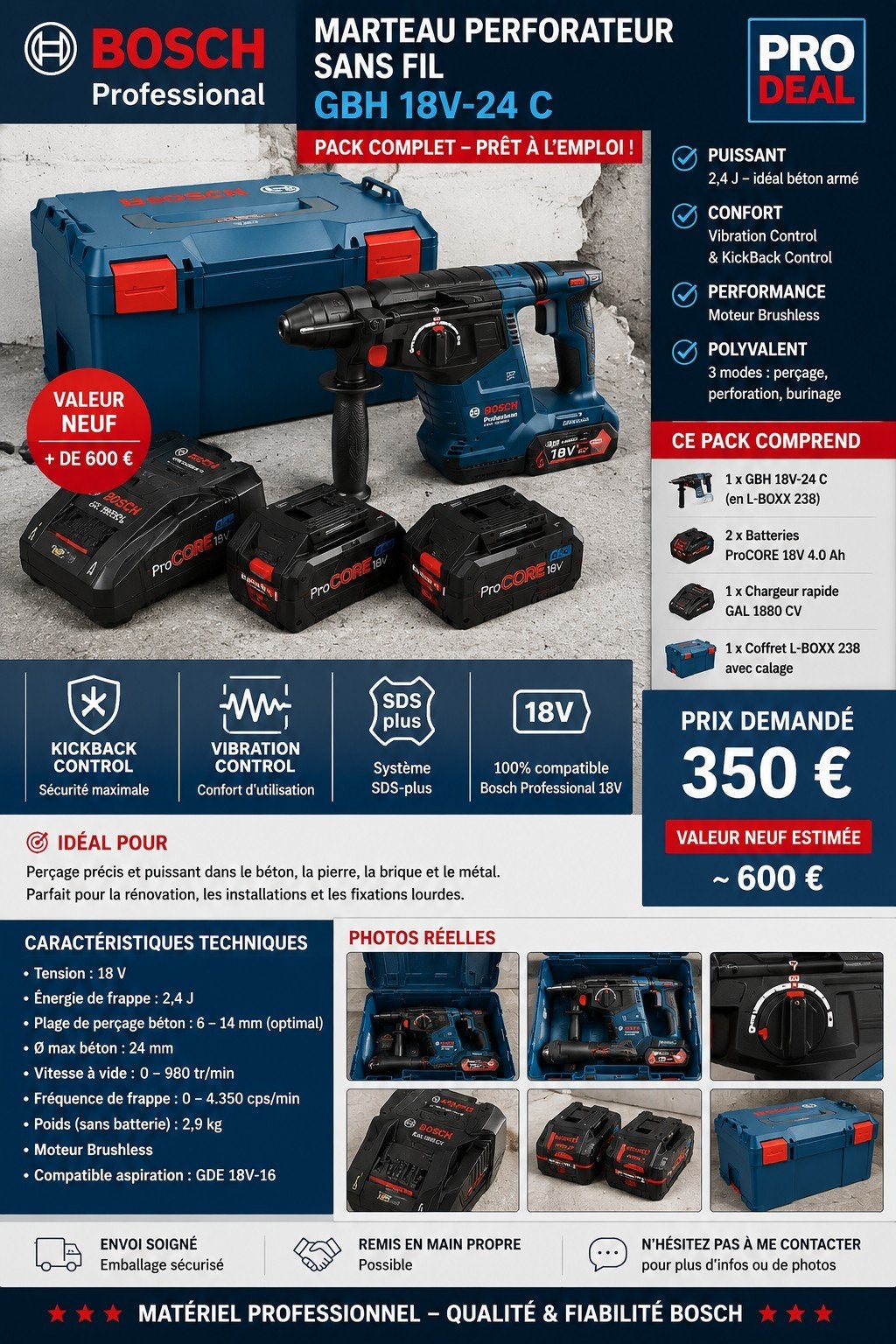 Perforateur Bosch Professional GBH 18V 24-C, Neuf, 600 watts ou plus, Enlèvement ou Envoi, Marteau perforateur et/ou Marteau piqueur
