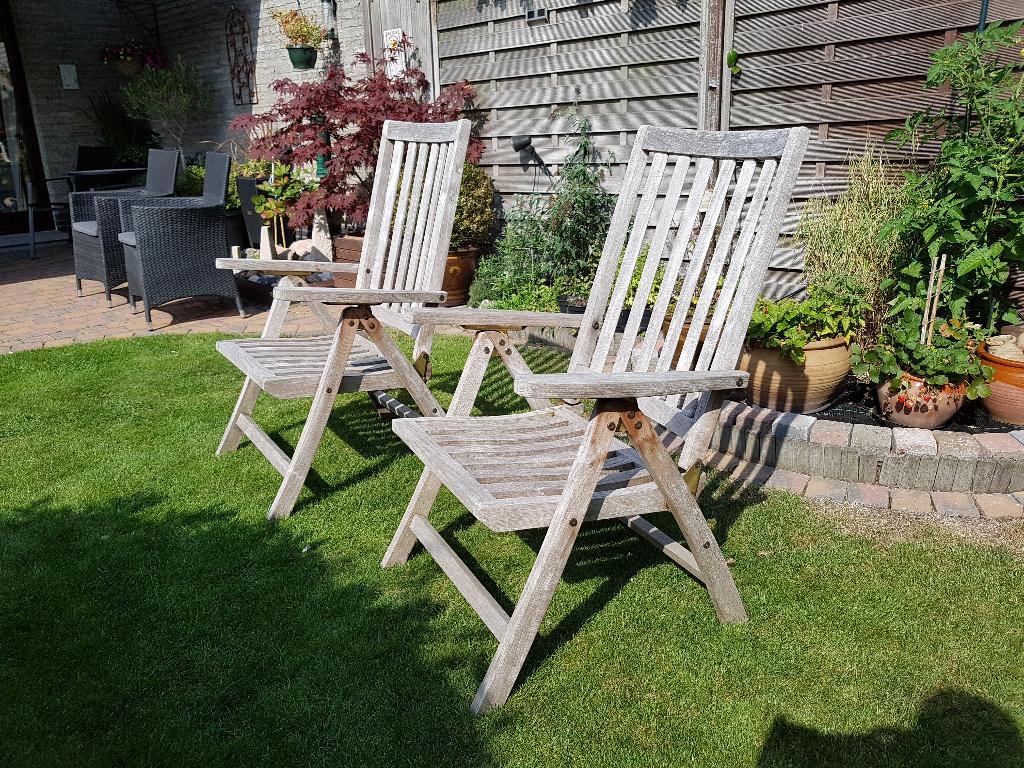 2 Tuinstoelen Teak met verstelbare rug en kussens, Tuin en Terras, Tuinstoelen, Ophalen, Gebruikt, Inklapbaar