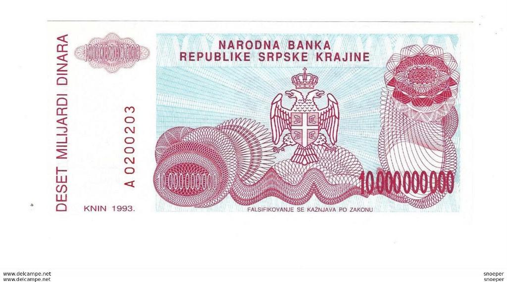croatia krajina 10 milliard dinara 1993 R28 unc, Verzenden, Overige landen, Los biljet