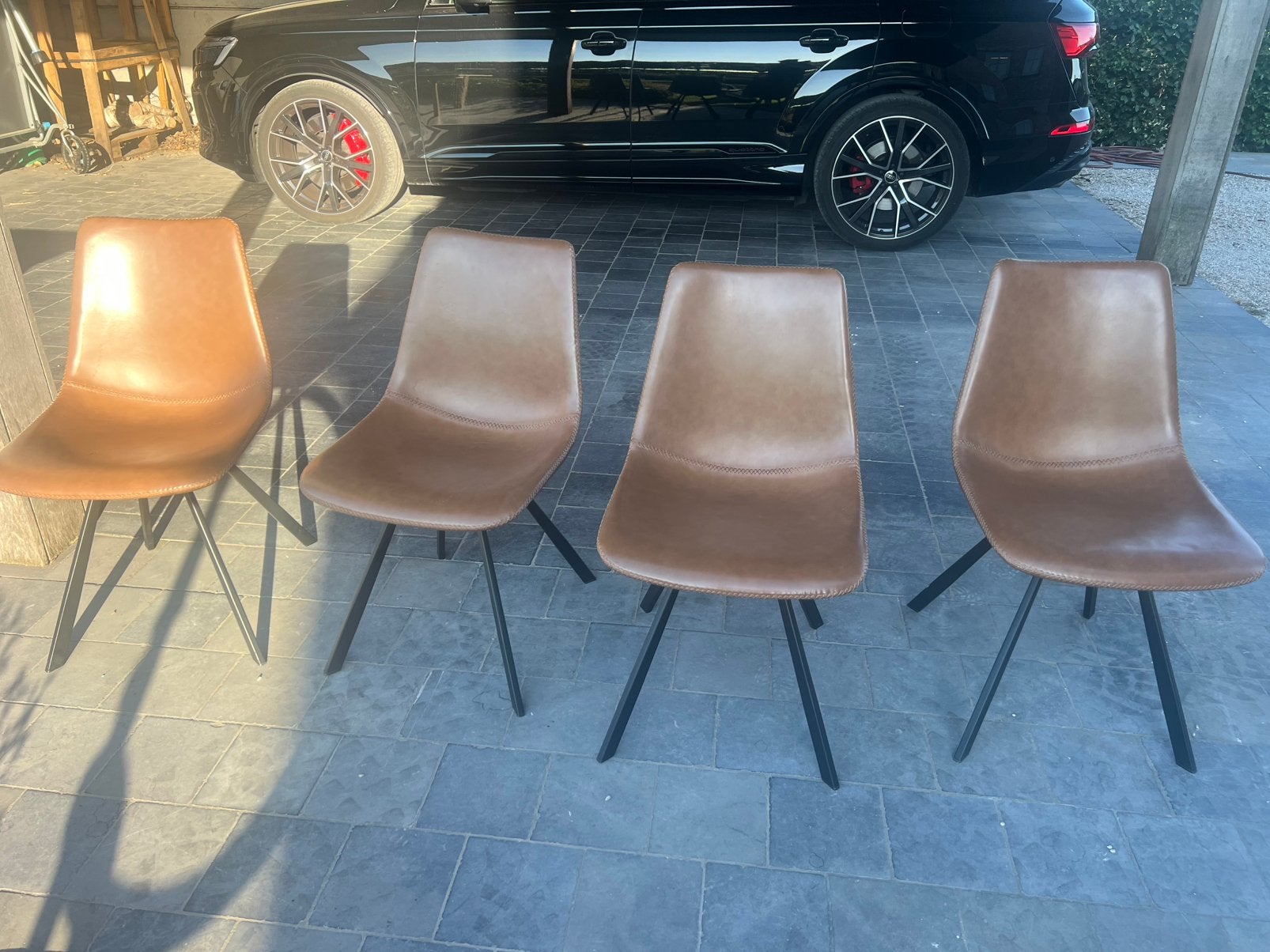 4 keukenstoelen + verlengbare keukentafel, Huis en Inrichting, Stoelen, Ophalen, Kunststof, Bruin, Zo goed als nieuw