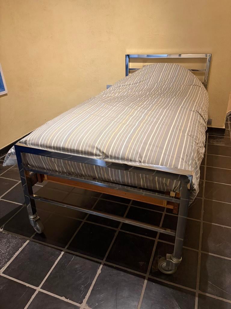 2 éénpersoonsbedden met metalen frame Belgochrom, Ophalen, 90 cm, Vintage, 200 cm