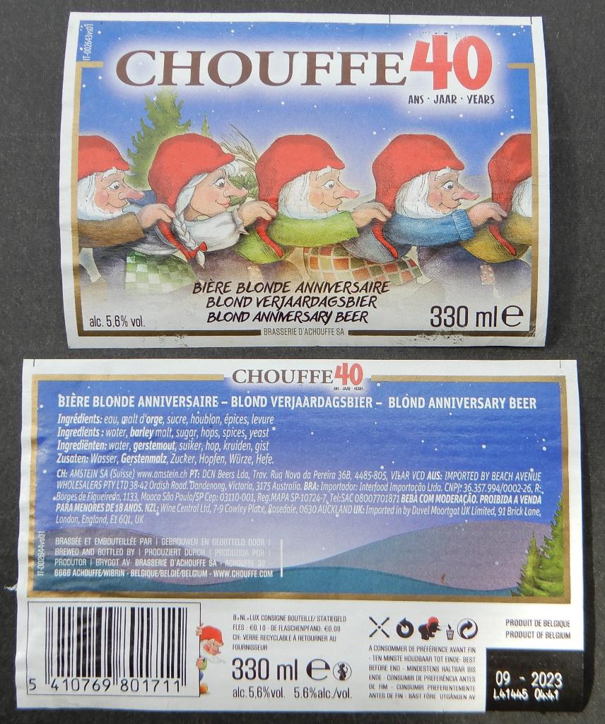 Étiquette de bière Chouffe 40 ans Brasserie d'Achouffe 13h3, Collections, Marques de bière, Utilisé, Envoi
