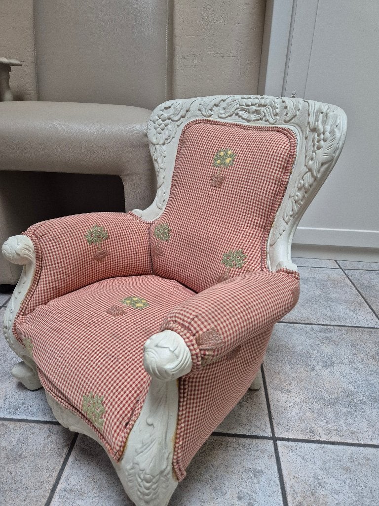 Petit fauteuil enfant bois crème tissu rouge écossais, Antiquités & Art, Enlèvement