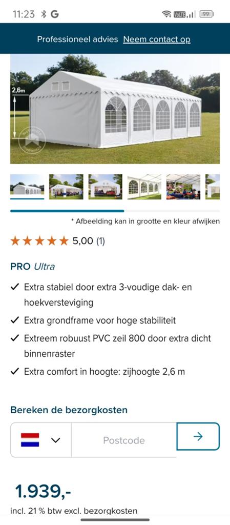 Party tent. Grote tent 10*5m extra hoog, Ophalen