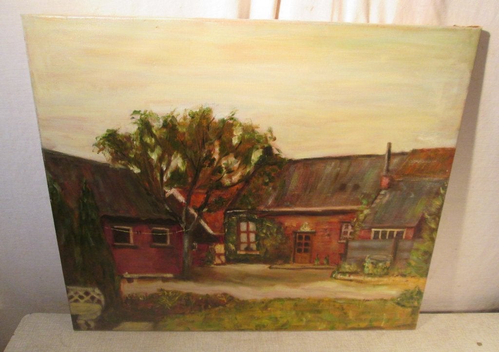 Mooi Oud Geschilderd Werk 'Op het Boerenerf' - 60x50, Doek, Ophalen of Verzenden, Landschap, Olieverf