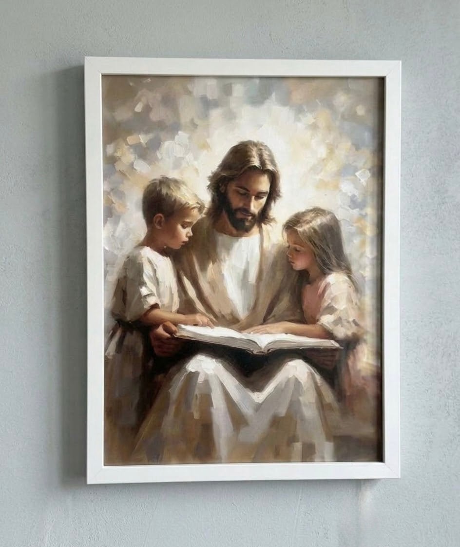 Christian Wall Art -Jesus with Two Children Frame 30  40 cm, Ophalen of Verzenden, Pastel