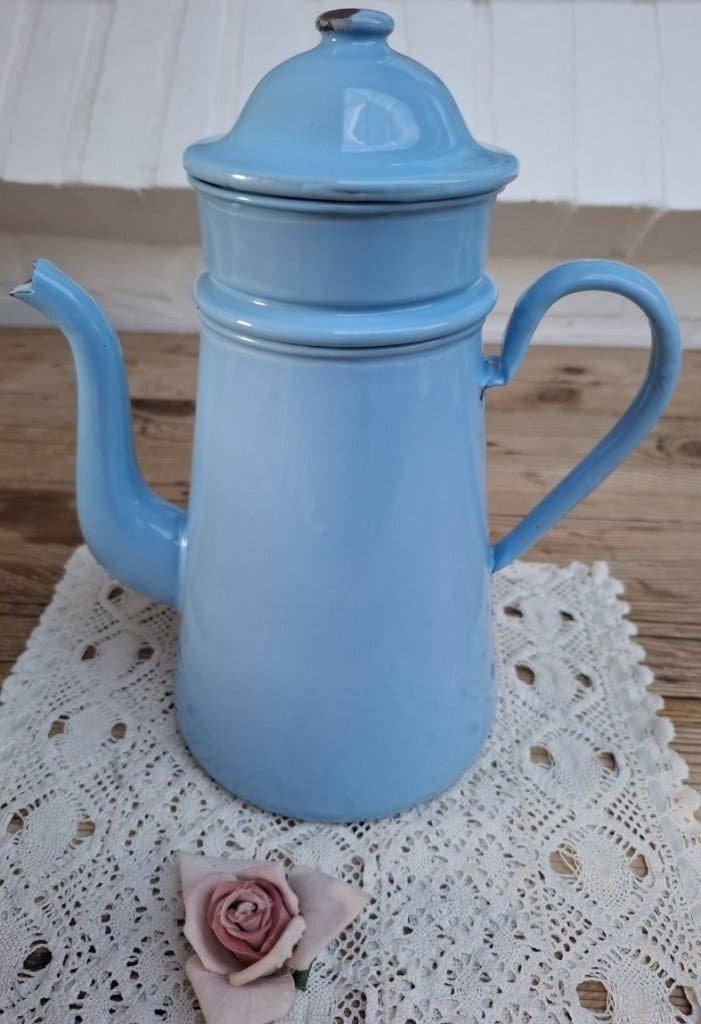 Vintage gemerkte Tjechische lichtblauwe emaille cafetière, Enlèvement ou Envoi