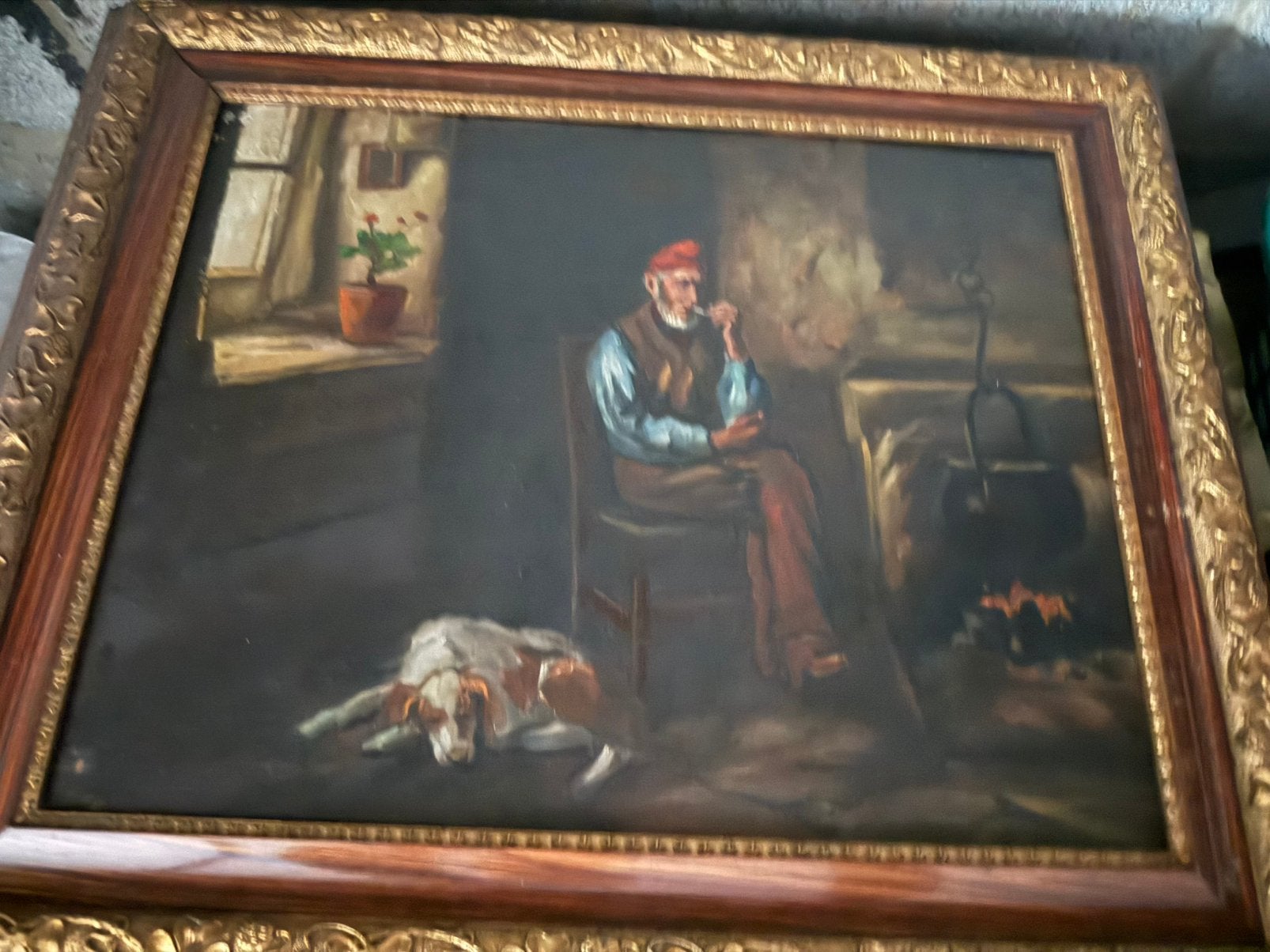 Oud schilderij met een man en zijn hond in een kamer., Ophalen
