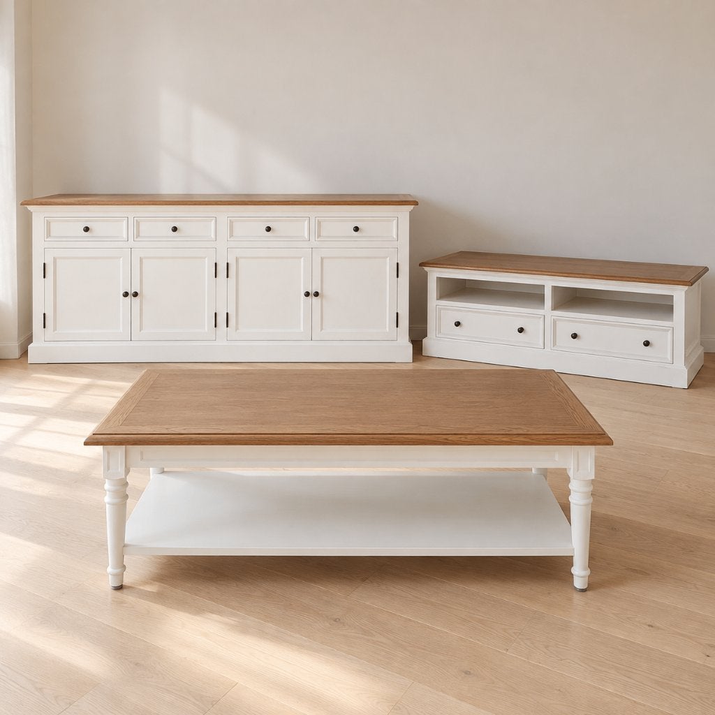 Kingsbury set: dressoir, tv-meubel & salontafel (Juntoo), Enlèvement, Comme neuf, Chêne, Landelijk