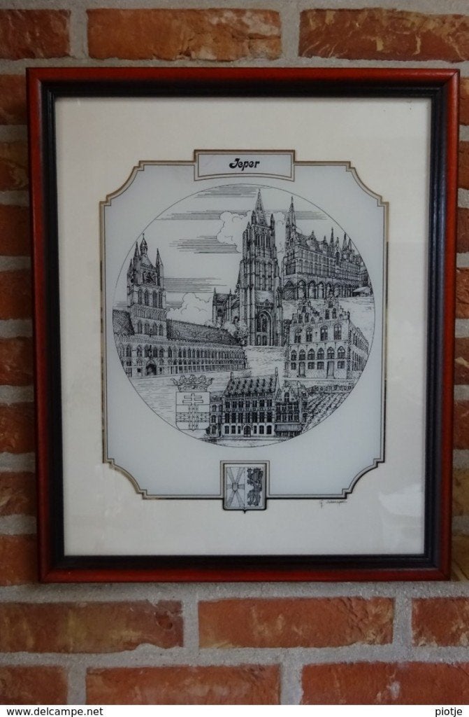 oude gravure - Ets Ieper, kader, tekening, G. Swaenepoel, Antiek en Kunst, Ophalen of Verzenden, Ets, Gesigneerd