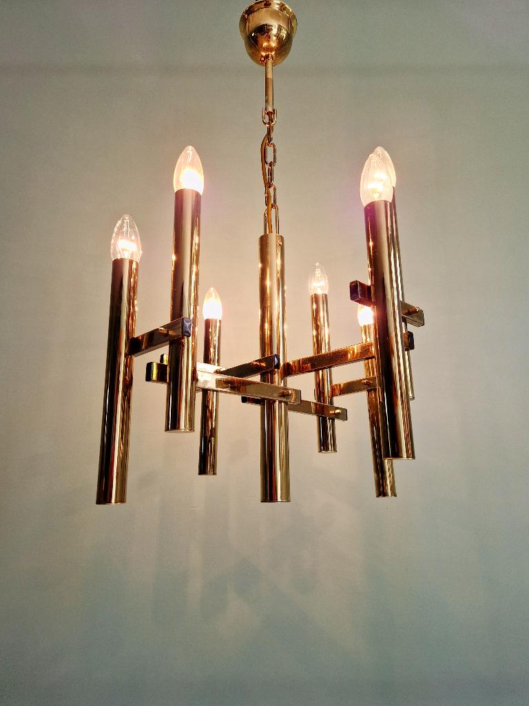 Lustre géométrique en laiton, style Hollywood Regency, 1970, Antiquités & Art, Enlèvement ou Envoi